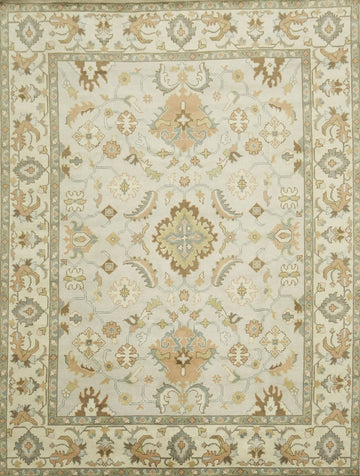 9x12 Luxurious Oushak Oriental Beige and Light Blue Rug with Classic Motifs