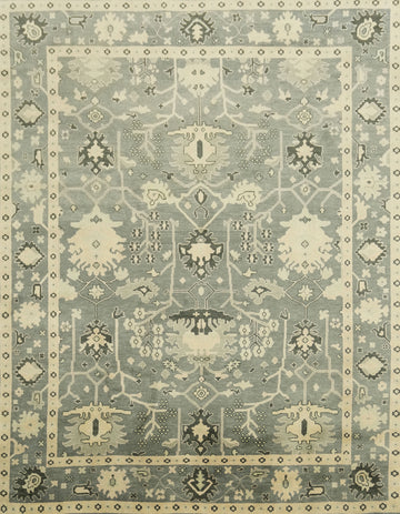 Elegant Blue and Beige Oushak Hand-Knotted Wool Living Room Rug 9'x12'