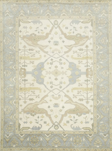 9x12 Hand-Knotted 100% Wool Area Rug - Beige & Light Blue Geometric Oushak