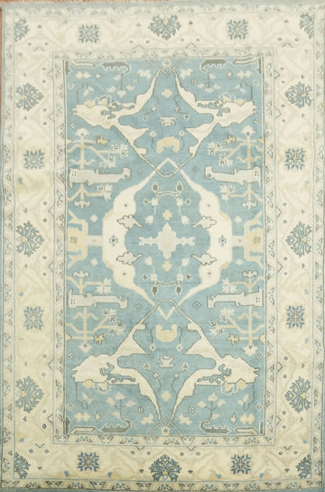 6'x9' Antique-Inspired Sky Blue Oushak Oriental Area Rug in Muted Tones