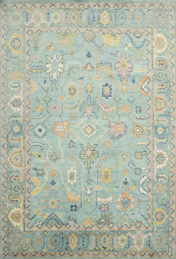 Luxurious 6'x9' Hand-Knotted Oushak Area Rug with Soft Floral Design in Blue