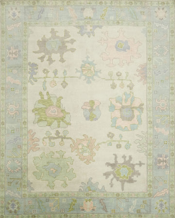 8'x10' Vintage-Inspired Mint Green Oushak Rug with Subtle Pastel Patterns