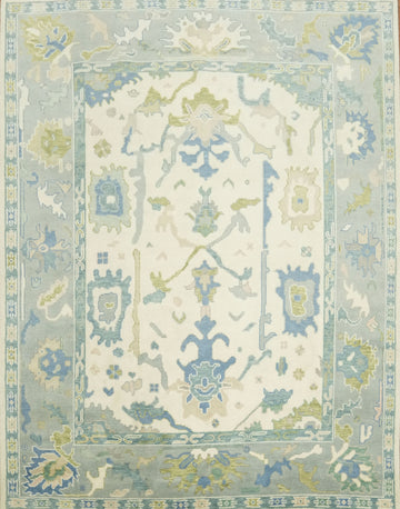 8x10 White and Aqua Blue Traditional Oushak Hand-Knotted Wool Area Rug 8x10