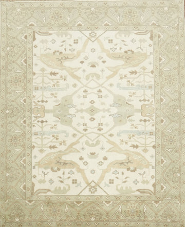 8'x10' White and Sage Green Turkish-Style Rug in Subtle Earthy Hues