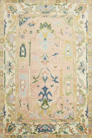 Elegant 6'x9' Pastel Toned Oushak Area Rug with Ornate Floral Motifs