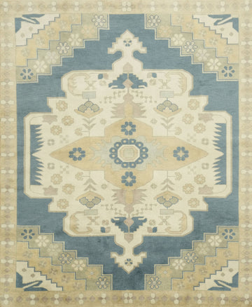 Elegant Geometric Turkish Inspired Oushak Rug in Soft Blue and Cream Tones 8x10