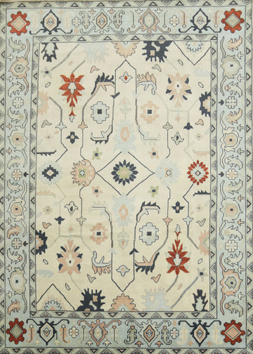 Ivory with Blue Border Traditional Oushak Hand Made Large Rug 10x14