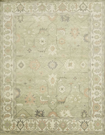 Muted Pastel Sage Green Oushak Rug Hand-Knotted Wool 9'x12'