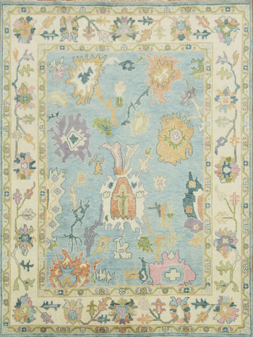 Light Blue & Ivory Traditional Oushak Rug, 9' x 12' Hand-Knotted Wool