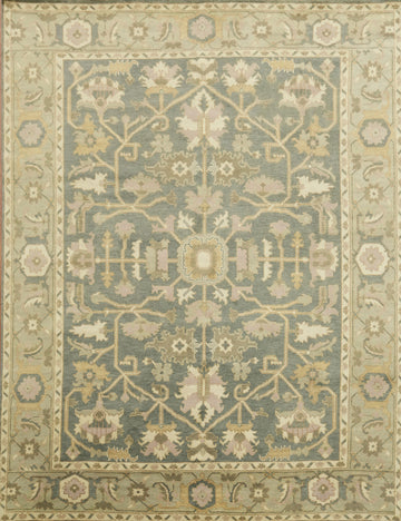 Classic Blue and Green Oushak Hand-Knotted Wool Rug 9x12 ft