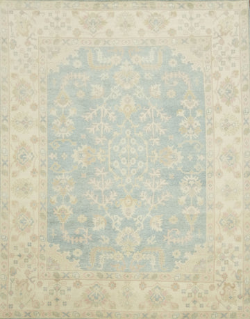 9'x12' Traditional Muted Tone Blue Oushak Hand-Knotted Living Room Rug