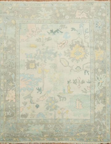 Pastel Pale Sage Green Floral Patterned Wool Rug 8x10