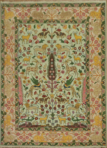 Mint Green Hunting Design Animal Pictorial Hand-Knotted Rug 9x12