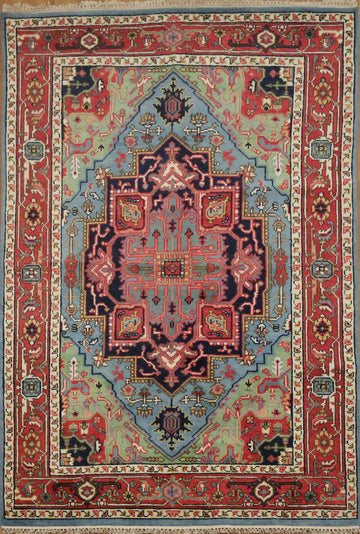 Traditional Light Blue and Pink Hand-Knotted Wool Rug 6'x9'