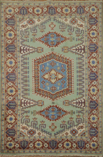 Traditional tribal Mint Green Viss Rug with Detailed Blue Centerpiece 6'x9'