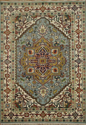 Light Blue Heriz Medallion Rug with Intricate Geometric Patterns 6'x9'