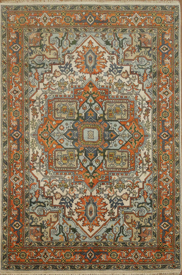 Exquisite Traditional Orange and Blue Heriz Serapi Area Rug 6'x9'