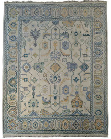 Artisan Blue and Beige Rug with Delicate Botanical Patterns 8'x10'
