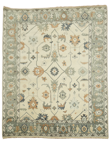 Traditional Ivory and Green Oushak Hand Made Area Rug 9x12