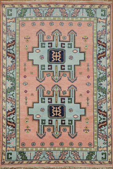 Traditional Pink and Teal Geometric Rug with Elegant Border Design 6'x9'