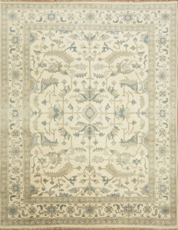 Ornate Ivory and Blue Oushak All-Over Oriental Area Rug 9'x12'