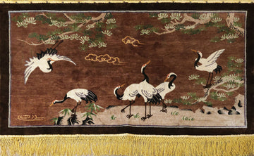 Old Vintage Pictorial Art Deco Chinese Silk Rug 3x5