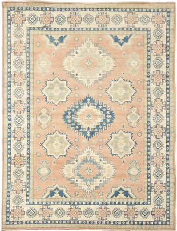 Traditional Kazak Geometric Rug in Soft Peach Terracotta and Blue Shades 8'x11'