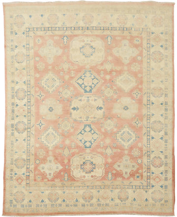 Traditional Salmon Red Kazak Geometric Area Rug in Warm and Subtle Tones 8'x10'