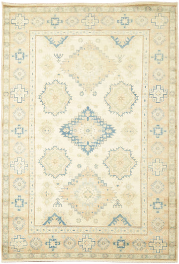 Exquisite Ivory and Blue Kazak Geometric Rug 7'x10'