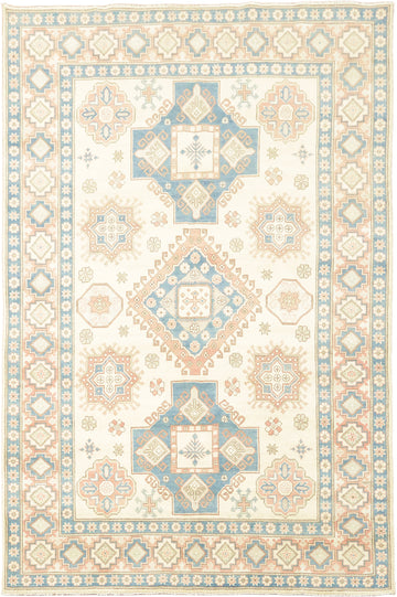 Classic Pastel Toned Kazak Area Rug with Intricate Geometric Design 7'x10'