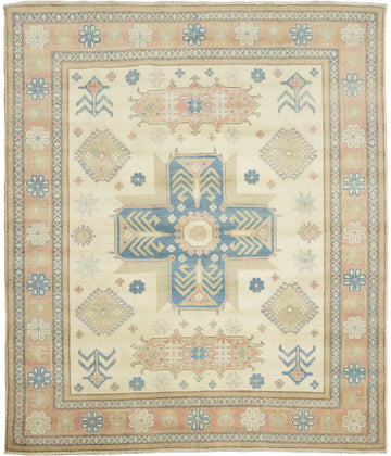 Elegant Cream and Salmon Border Kazak Geometric Rug with Subtle Pastel Hues 8'x10'