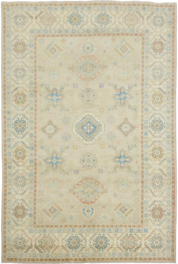 Traditional Light Grey Kazak Pakistani Rug with Delicate Blue and Orange Motifs 6'x9'