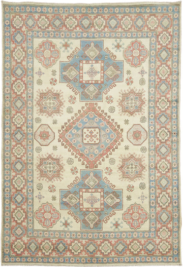 Ivory Kazak Traditional Pattern Rug in Soft Tones for Stylish Décor 7'x10'