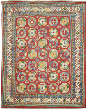 Vibrant Geometric Patterned Kazak Pakistani Hand-Knotted Rug 8'x10'