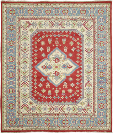 Red, Blue, and Ivory Geometric Pattern Kazak Pakistani Rug 8'x10'