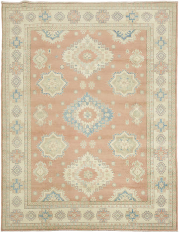 Traditional Muted terracotta/peach and Blue Kazak Pakistani Rug 8'x11'