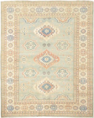 Light Blue and Terracotta Handmade Pastel Rug with Traditional Patterns 8'x11'