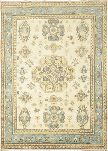 Elegant Cream and Aqua Blue Kazak Pakistani Large Rug 9x12 ft