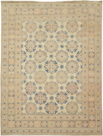 Classic Beige and Blue Kazak Rug with Intricate Geometric Patterns 9'x12'