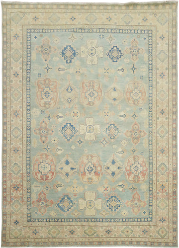 Exquisite Hand-Knotted Rug Kazak Featuring Soft Blue Tones and Patterns 10'x13'