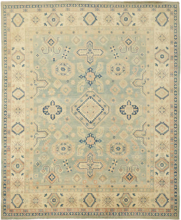 Classic Turkish-Inspired Light Blue Kazak Rug with Muted Earthy Hues 8x10