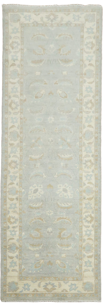 Blue Floral Wool Traditional Turkish Oushak Runner Rug 3x8