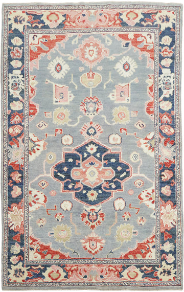 Geometric Grey Oriental Traditional Oushak Turkish Wool Area Rug 5x8