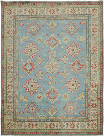 Traditionally designed Kazak Pakistani Rug with blue background 9'x12'