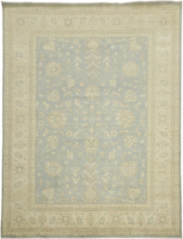 Traditional Patterned Light Blue and Beige Floral Hand-made Rug 9'x12'