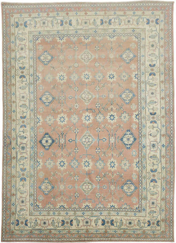 Luxurious Hand-Knotted Pale Coral and Blue Kazak Wool Rug 9'x12'