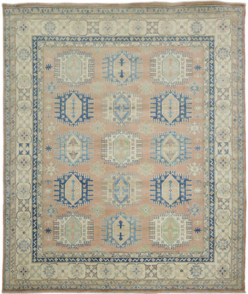 South-western Style Coral Salmon Kazak Handmade Rug in Soft Blue Hues 8x10