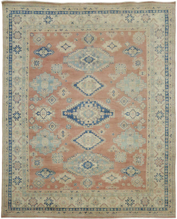 Luxurious Muted Coral Salmon-Pink Kazak South-western Rug with Blue and Beige Accents 8x10