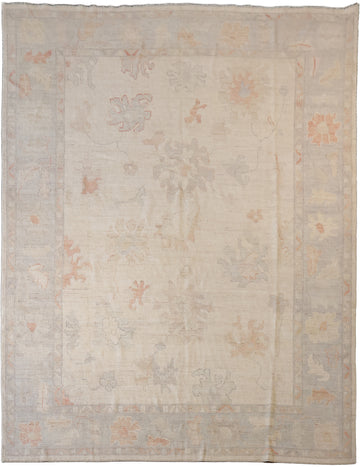 Vintage-Inspired Beige Oushak Oriental Wool Rug with Subtle Floral Motifs 9x12