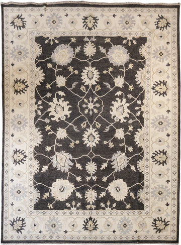 Palace Size Elegant Charcoal and Ivory Floral Oriental Wool Oushak Area Rug for Living Space 12x16